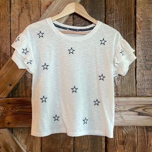 Cream ruffled sleeve tee with navy blue stars